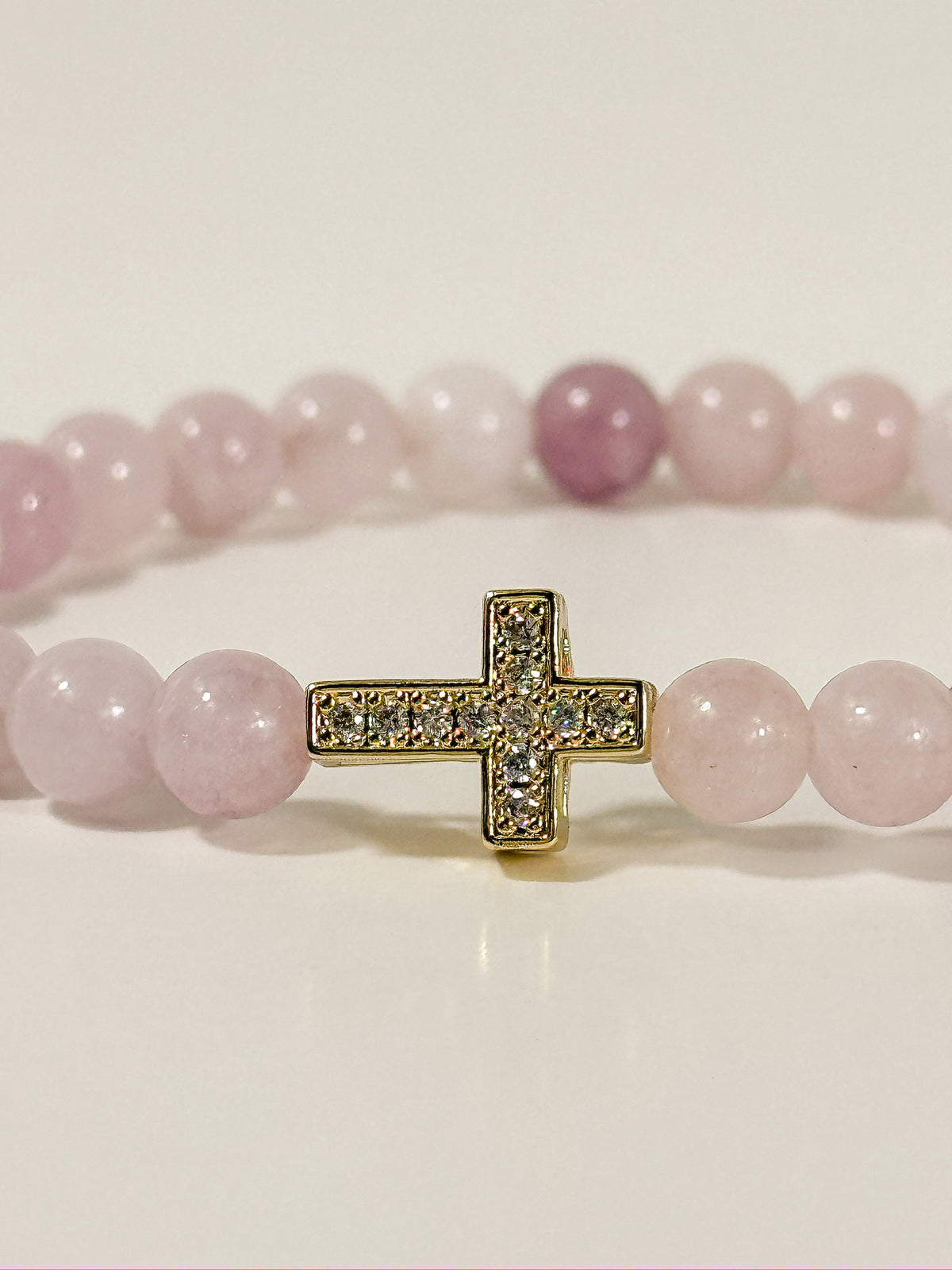 Pink Chalcedony and Gold Cross Bracelet