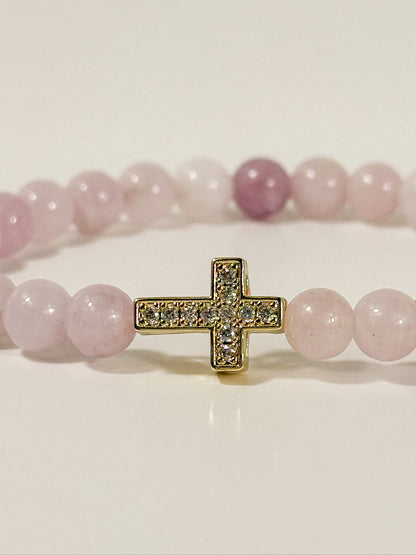 Pink Chalcedony and Gold Cross Bracelet