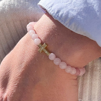Pink Chalcedony and Gold Cross Bracelet