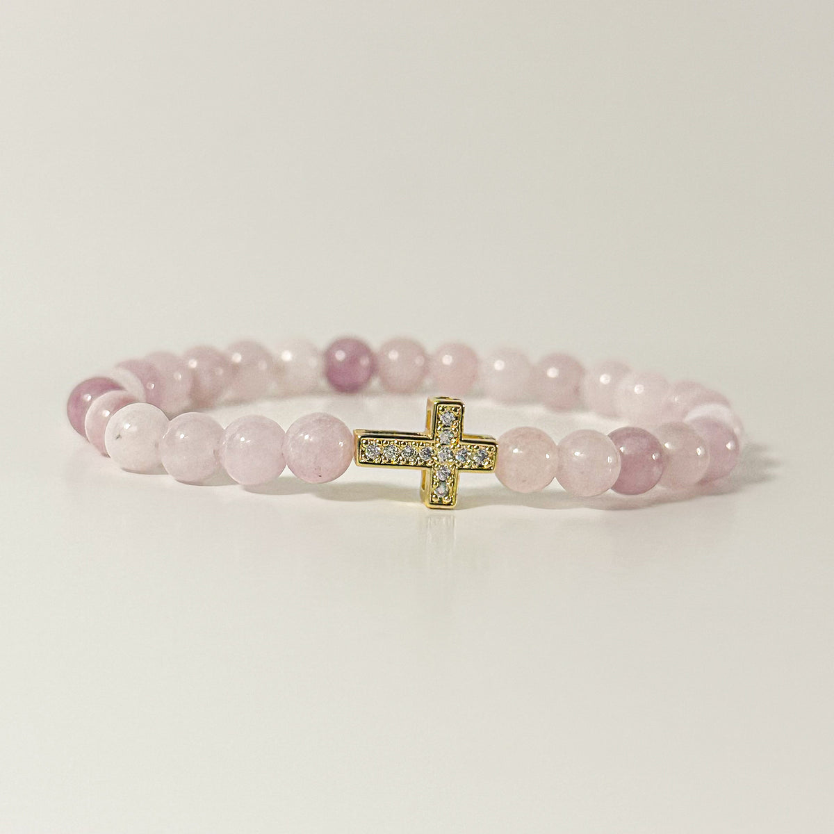 Pink Chalcedony and Gold Cross Bracelet