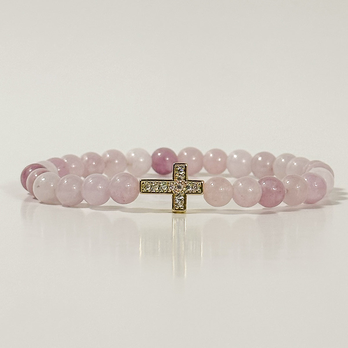 Pink Chalcedony and Gold Cross Bracelet