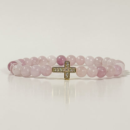 Pink Chalcedony and Gold Cross Bracelet