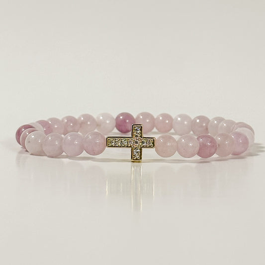 Pink Chalcedony and Gold Cross Bracelet