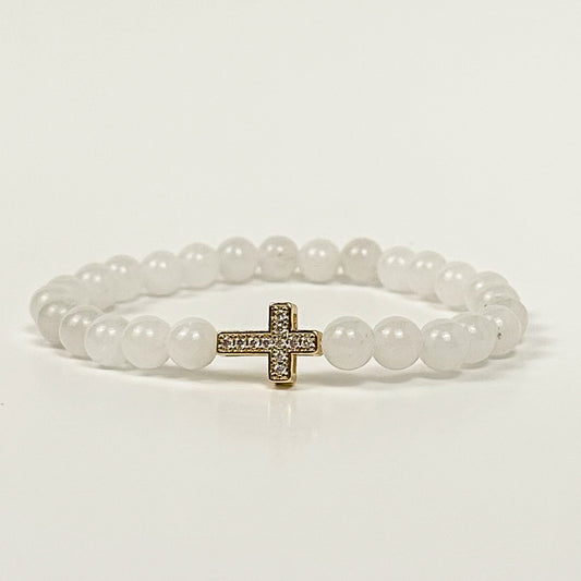 White Jade and Gold Cross Bracelet