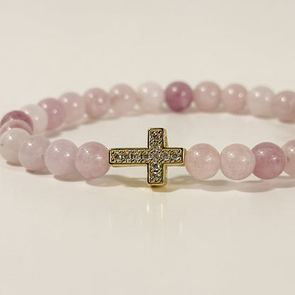 Pink Chalcedony and Gold Cross Bracelet